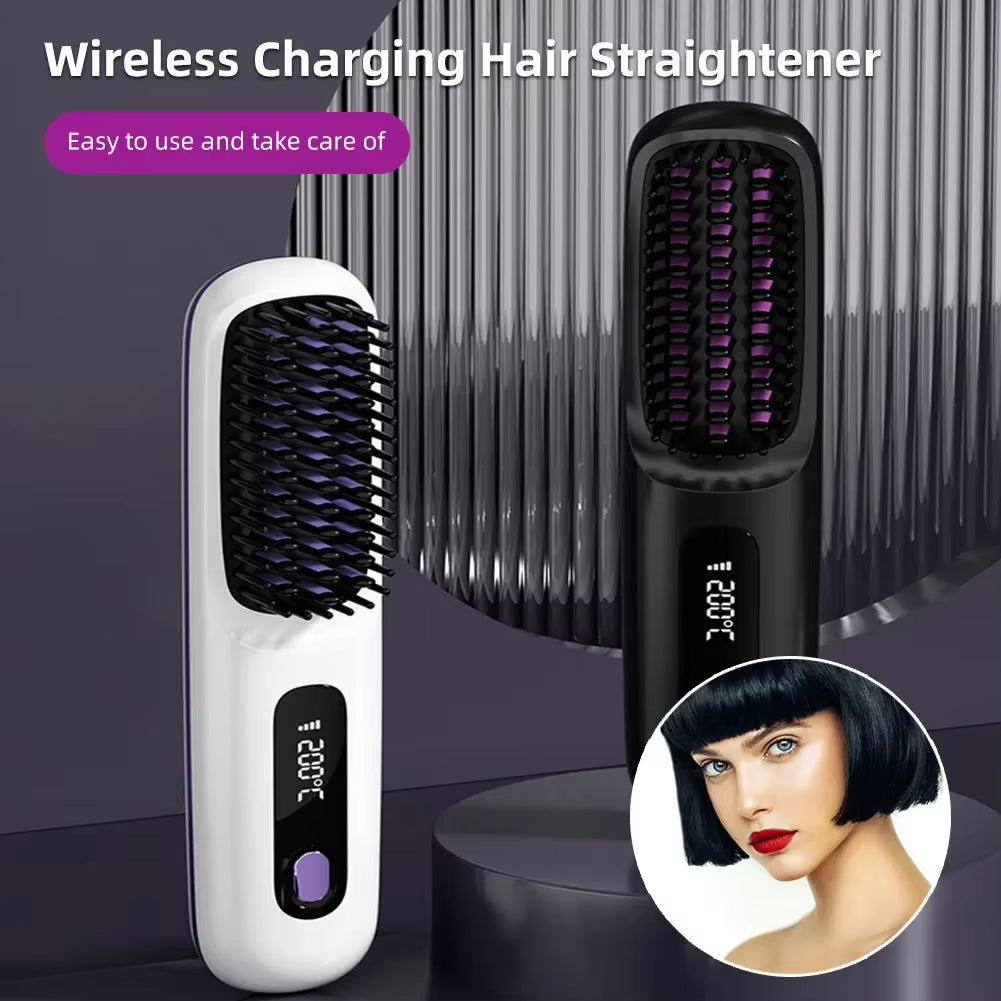 Electric LCD USB Ceramic Heating Straight Hair Comb Wireless Portable Negative Ion Styling Tool Rechargeable Straightening Brush