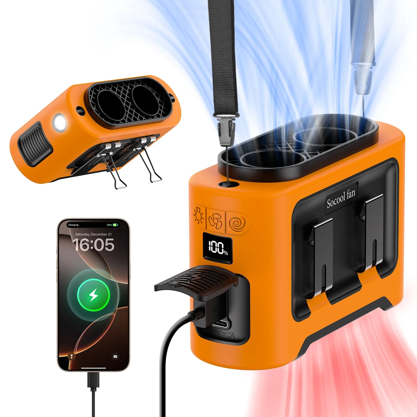 Socool 14500Mah Portable Waist Fan Dual Airflow Outlet Turbo Motors with Four Clips Emergency Flashlight Power Bank for Outdoor