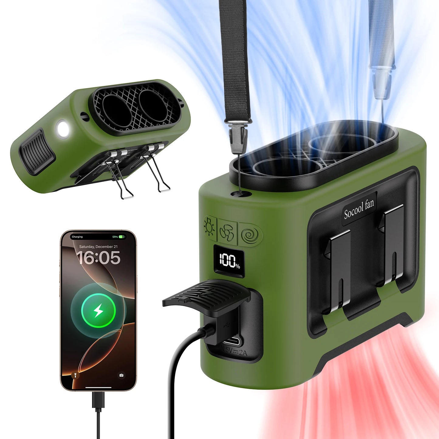 Socool 14500Mah Portable Waist Fan Dual Airflow Outlet Turbo Motors with Four Clips Emergency Flashlight Power Bank for Outdoor