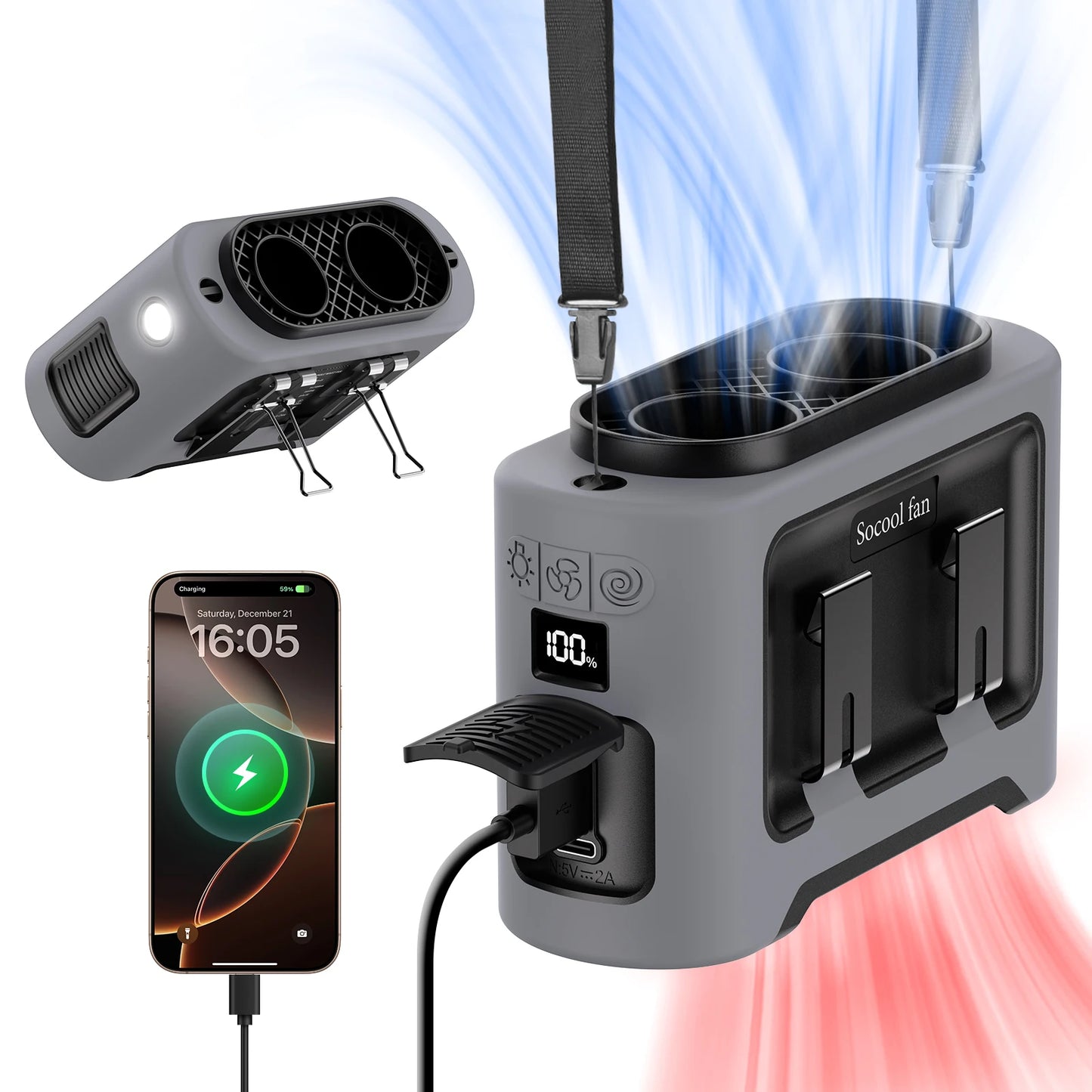 Socool 14500Mah Portable Waist Fan Dual Airflow Outlet Turbo Motors with Four Clips Emergency Flashlight Power Bank for Outdoor