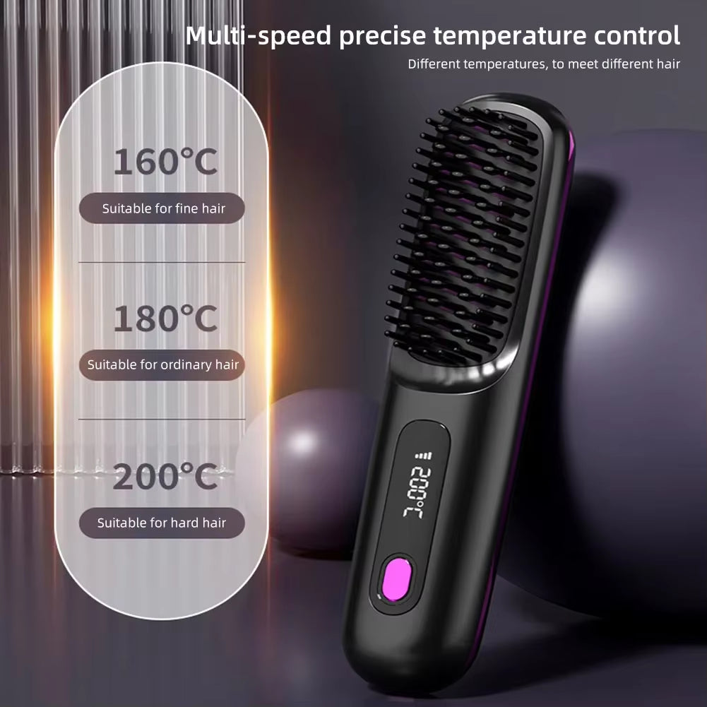 Electric LCD USB Ceramic Heating Straight Hair Comb Wireless Portable Negative Ion Styling Tool Rechargeable Straightening Brush