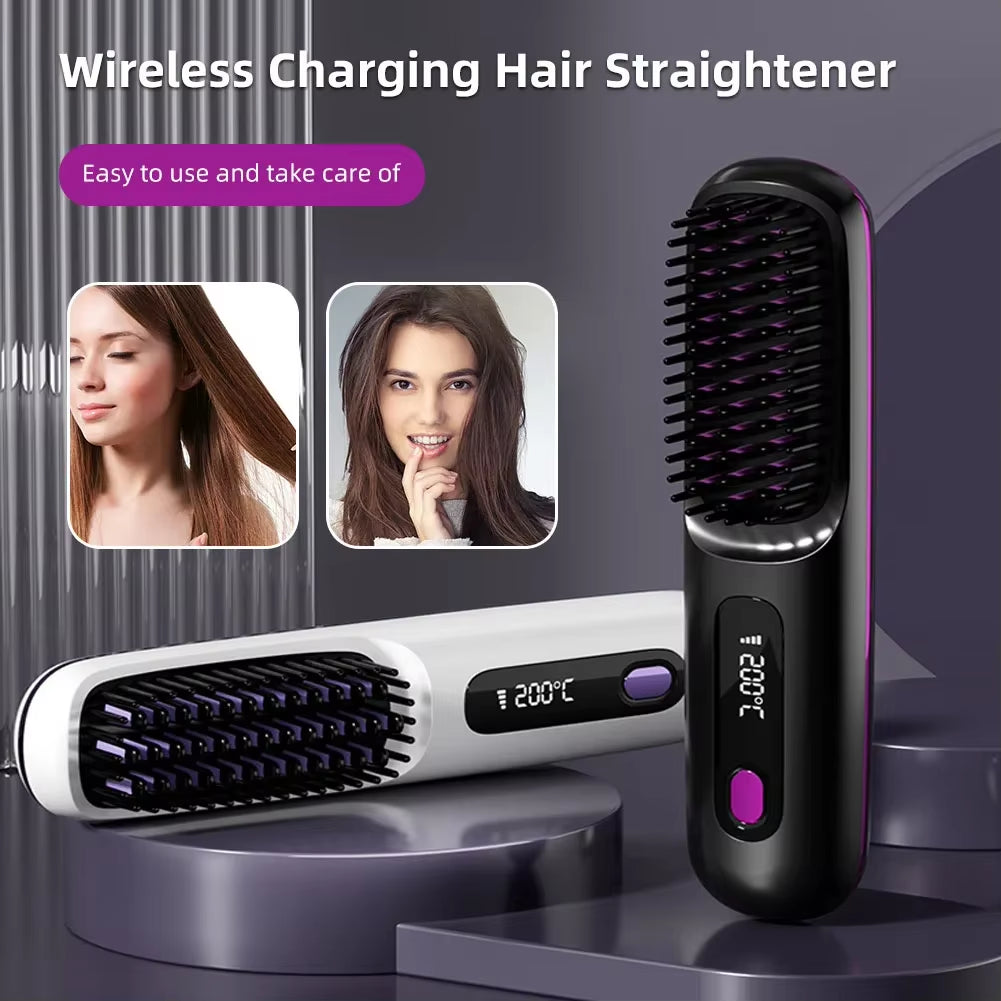 Electric LCD USB Ceramic Heating Straight Hair Comb Wireless Portable Negative Ion Styling Tool Rechargeable Straightening Brush